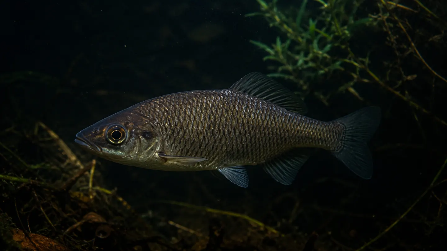 Ikan diam di air tenang pada malam hari, mata tetap terbuka