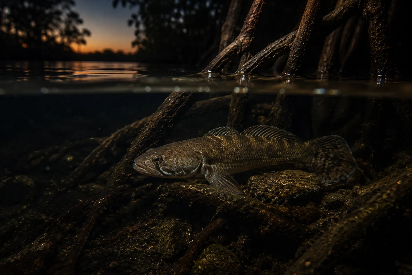 Ikan diam di antara akar bakau saat senja